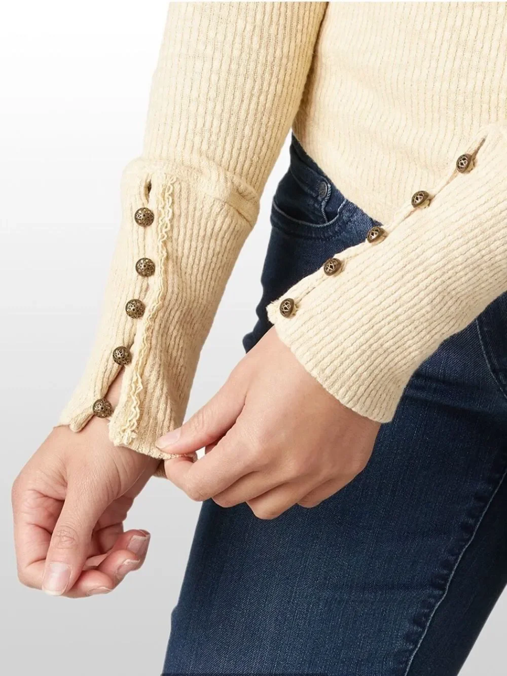free people M Come On Over Ribbed Knit Lace Buttoned Long Sleeves Thermal Top